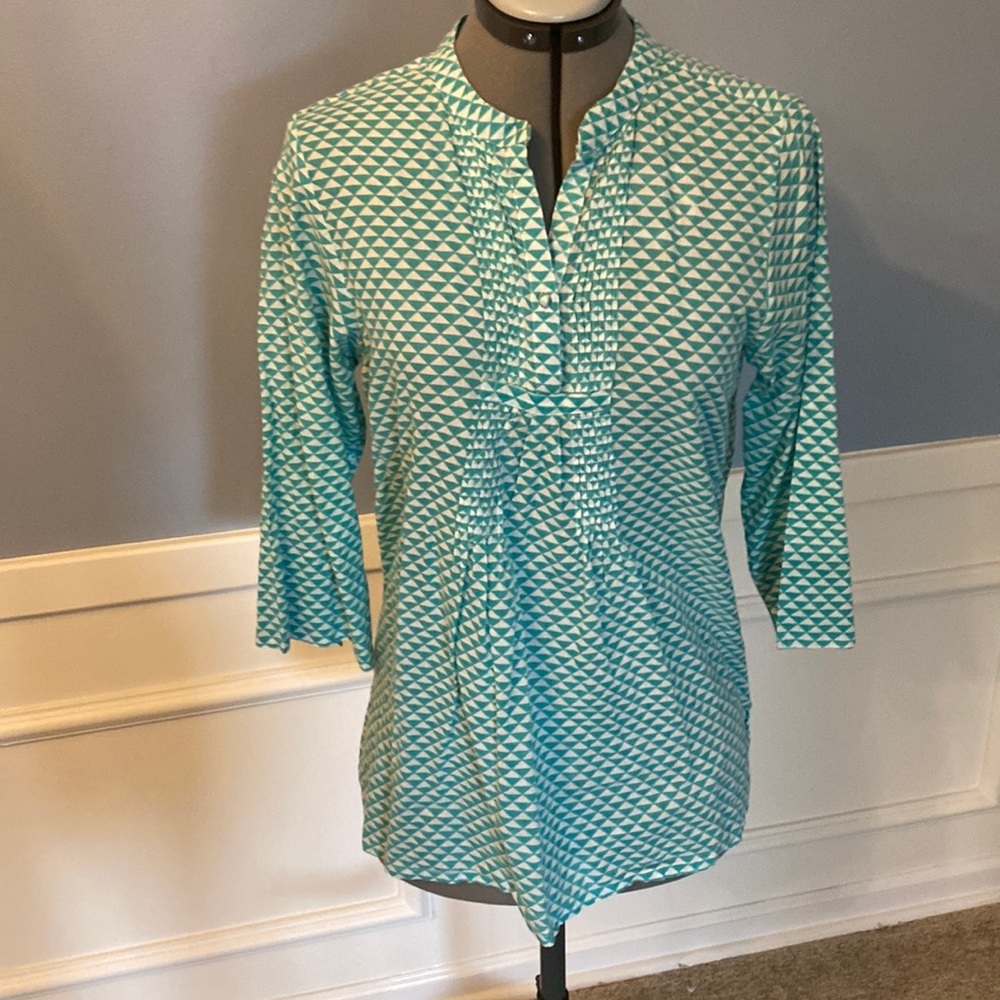 Turquoise and White Split Neck Geometric Print Tunic - Size Medium